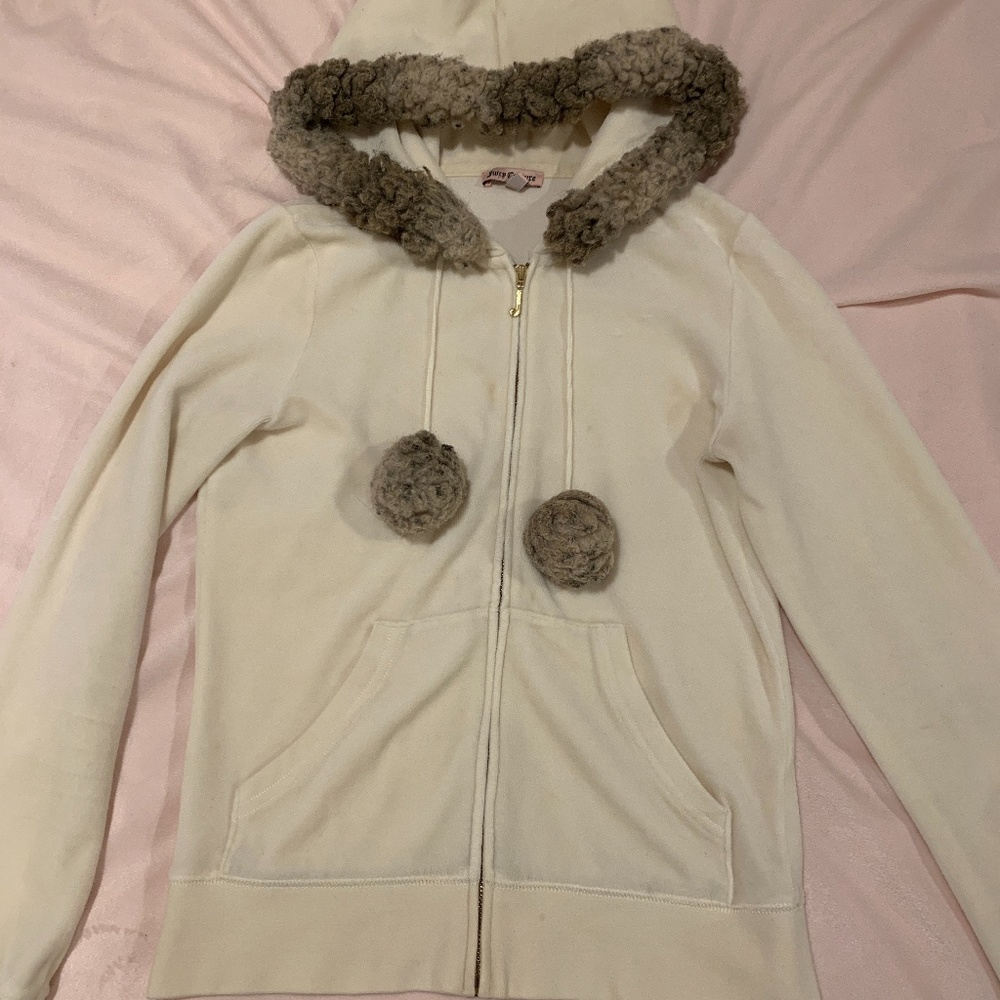 RARE Juicy Couture Velour Jacket Faux Fur Hood with Pom Poms